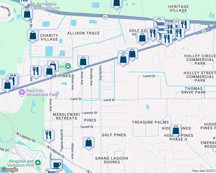 map of restaurants, bars, coffee shops, grocery stores, and more near 2309 Laurie Avenue in Panama City