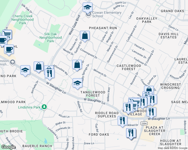 map of restaurants, bars, coffee shops, grocery stores, and more near 2626 Piping Rock Trail in Austin