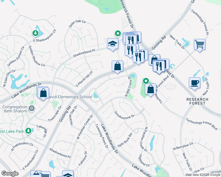 map of restaurants, bars, coffee shops, grocery stores, and more near 7 Spotted Fawn Court in Spring