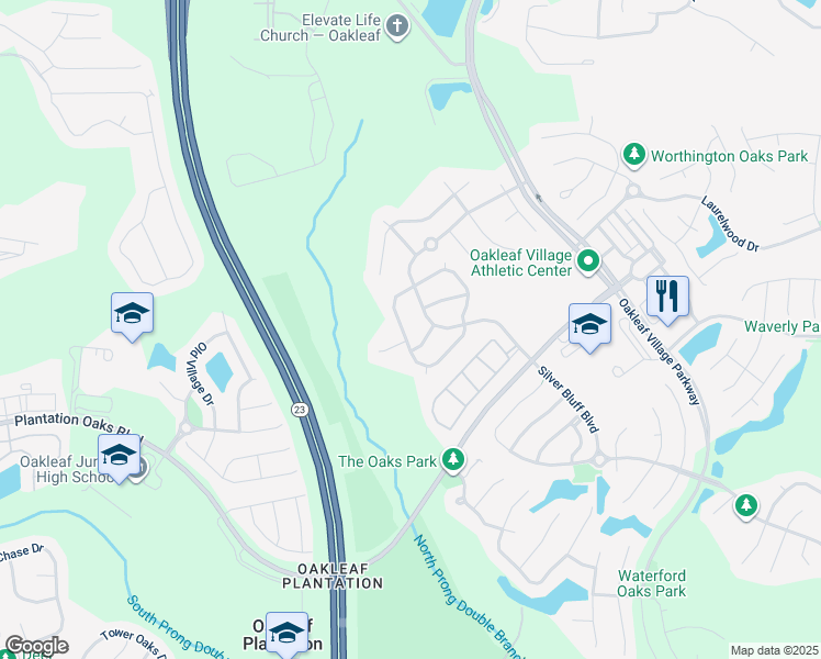map of restaurants, bars, coffee shops, grocery stores, and more near 3867 Pebble Brooke Circle South in Orange Park