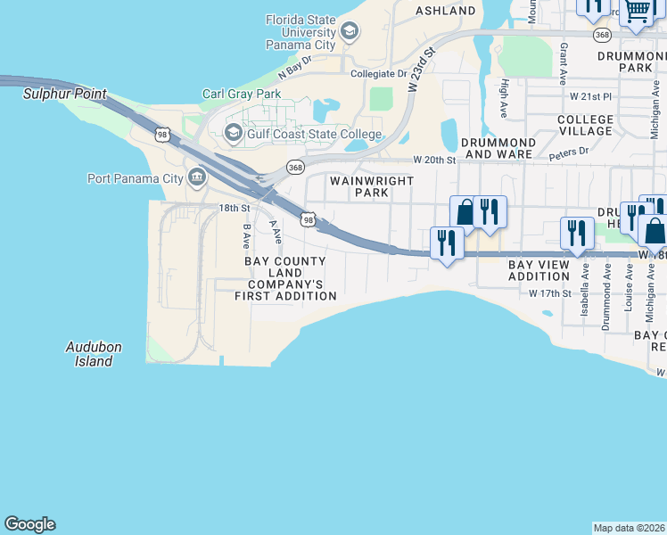 map of restaurants, bars, coffee shops, grocery stores, and more near 1725 Palmetto Avenue in Panama City