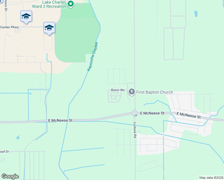 map of restaurants, bars, coffee shops, grocery stores, and more near 3056 Basin Way in Lake Charles