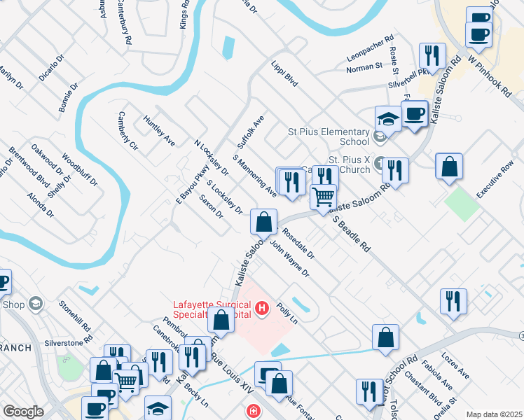 map of restaurants, bars, coffee shops, grocery stores, and more near 104 North Locksley Drive in Lafayette