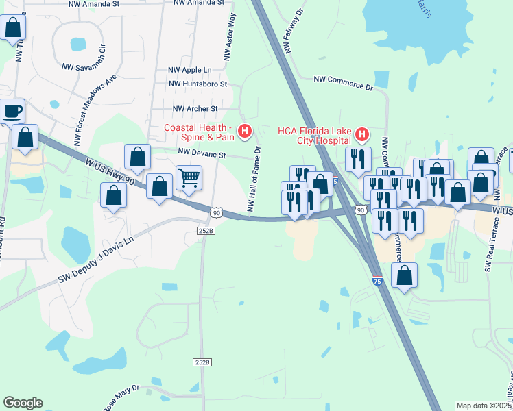map of restaurants, bars, coffee shops, grocery stores, and more near 3835 Highway 90 in Lake City