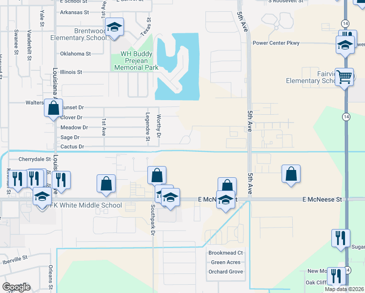 map of restaurants, bars, coffee shops, grocery stores, and more near 1900 Prejean Drive in Lake Charles