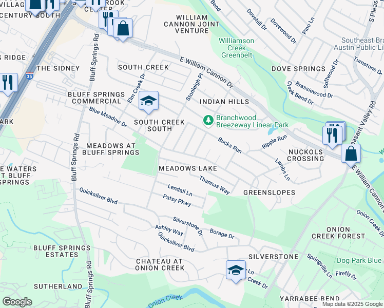 map of restaurants, bars, coffee shops, grocery stores, and more near 6911 Branchwood Drive in Austin