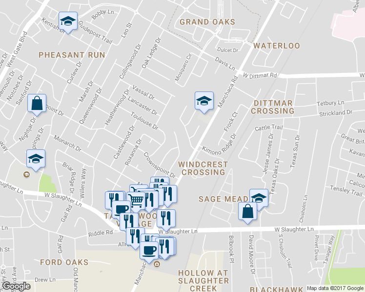 map of restaurants, bars, coffee shops, grocery stores, and more near 9206 Sedgemoor Trail in Austin