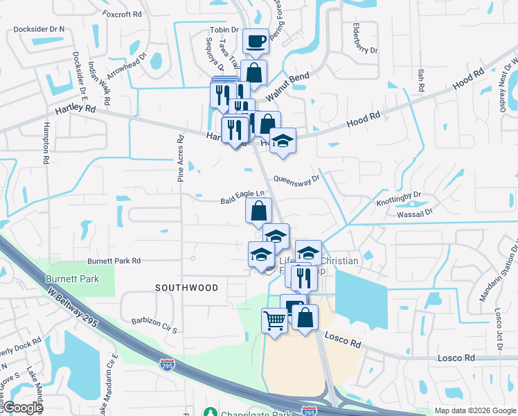 map of restaurants, bars, coffee shops, grocery stores, and more near 10790 Old Saint Augustine Road in Jacksonville