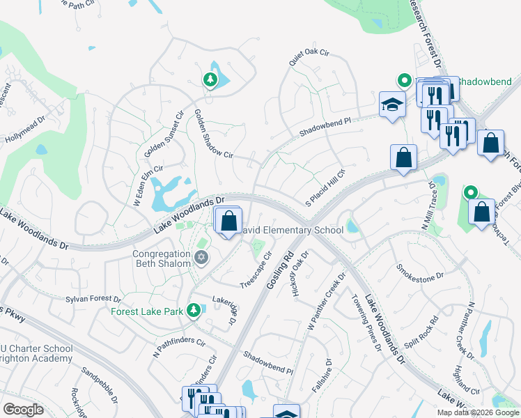 map of restaurants, bars, coffee shops, grocery stores, and more near 15 Sunbeam Place in Spring
