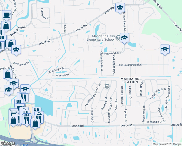 map of restaurants, bars, coffee shops, grocery stores, and more near 10805 John Randolph Dr in Jacksonville