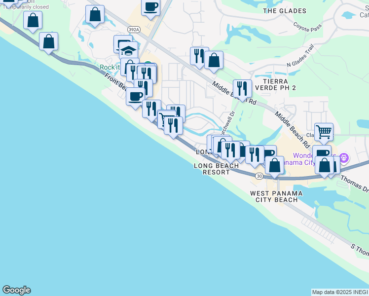 map of restaurants, bars, coffee shops, grocery stores, and more near 10811 Front Beach Road in Panama City Beach