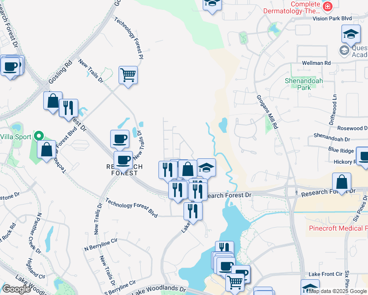 map of restaurants, bars, coffee shops, grocery stores, and more near 8900 Research Park Drive in The Woodlands