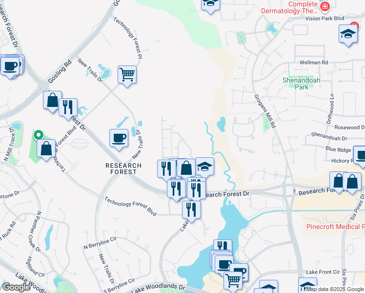 map of restaurants, bars, coffee shops, grocery stores, and more near 8900 Research Park Drive in The Woodlands