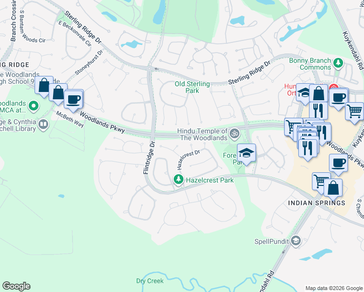 map of restaurants, bars, coffee shops, grocery stores, and more near 3 Camino Court in Spring