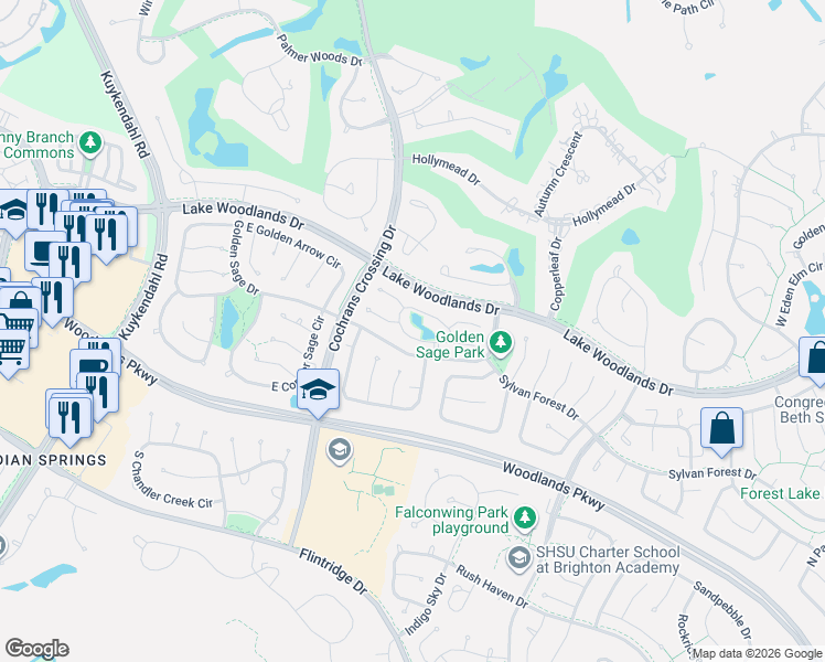 map of restaurants, bars, coffee shops, grocery stores, and more near 61 South Hidden View Circle in The Woodlands