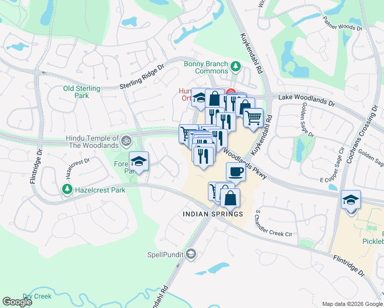 map of restaurants, bars, coffee shops, grocery stores, and more near 10777 Kuykendahl Road in Spring