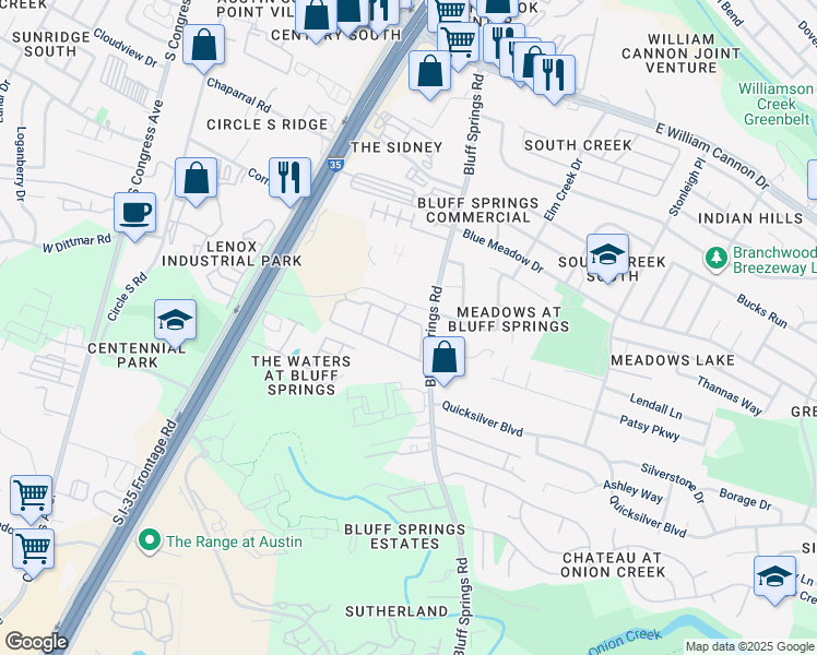 map of restaurants, bars, coffee shops, grocery stores, and more near 7330 Bluff Springs Road in Austin