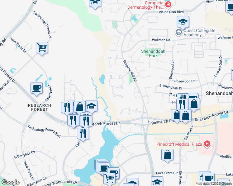 map of restaurants, bars, coffee shops, grocery stores, and more near 53 Pine Brook Court in Spring