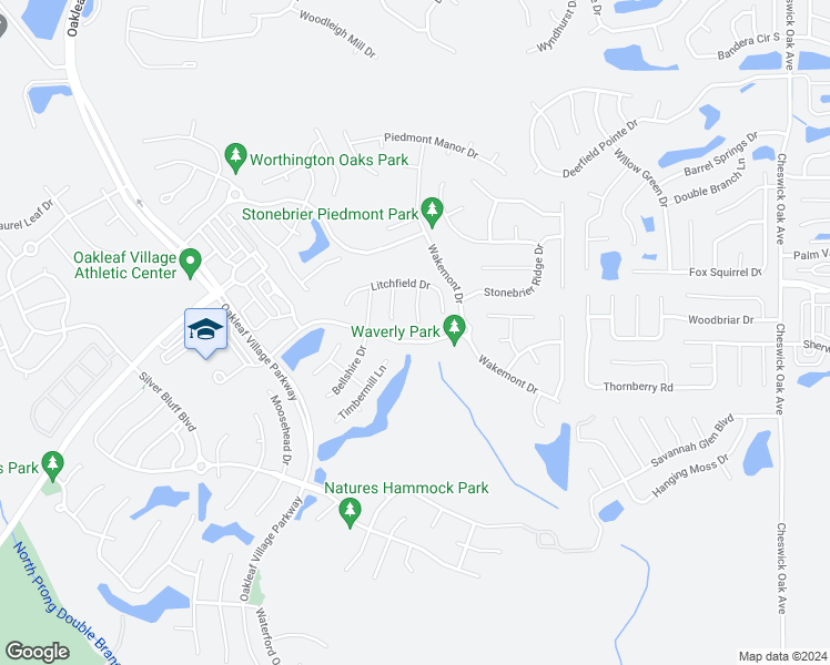 map of restaurants, bars, coffee shops, grocery stores, and more near 640 Longcrest Lane in Orange Park
