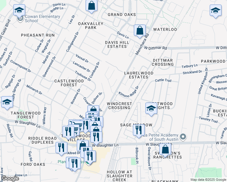 map of restaurants, bars, coffee shops, grocery stores, and more near 9206 Sedgemoor Trail in Austin