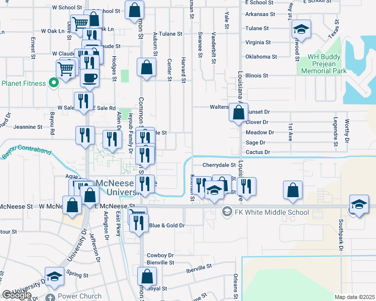 map of restaurants, bars, coffee shops, grocery stores, and more near 4250 Kirkman Street in Lake Charles