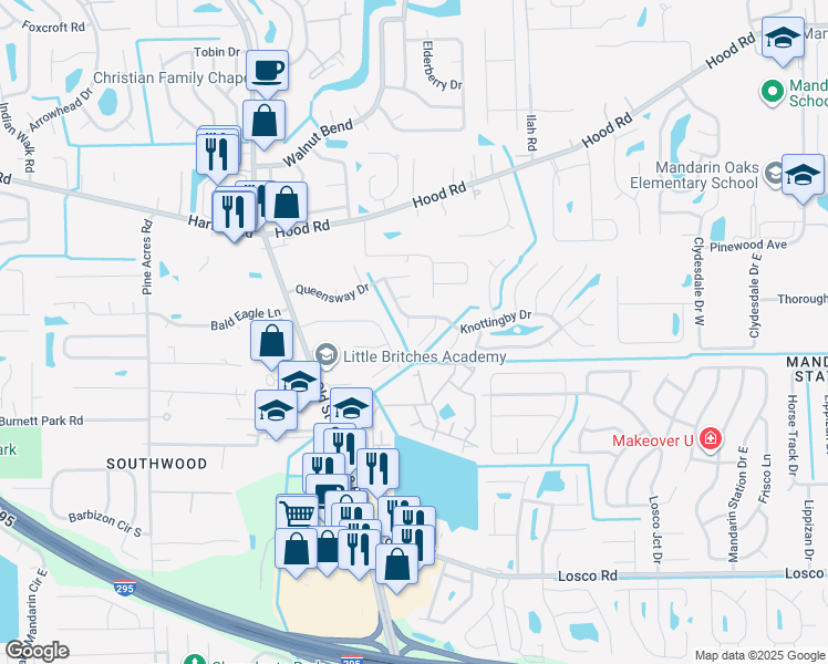 map of restaurants, bars, coffee shops, grocery stores, and more near 4385 Blakeley Court in Jacksonville