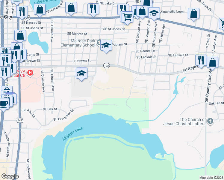 map of restaurants, bars, coffee shops, grocery stores, and more near 600 Southeast Sycamore Terrace in Lake City