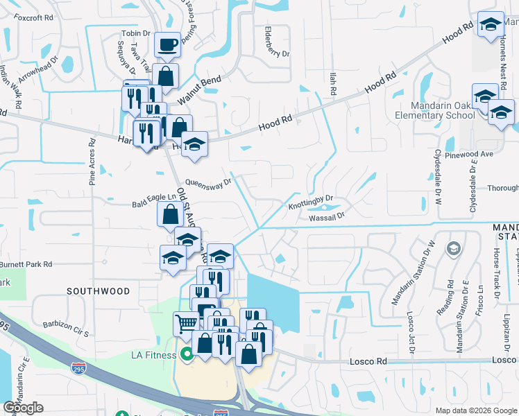 map of restaurants, bars, coffee shops, grocery stores, and more near 4364 Knottingby Court in Jacksonville