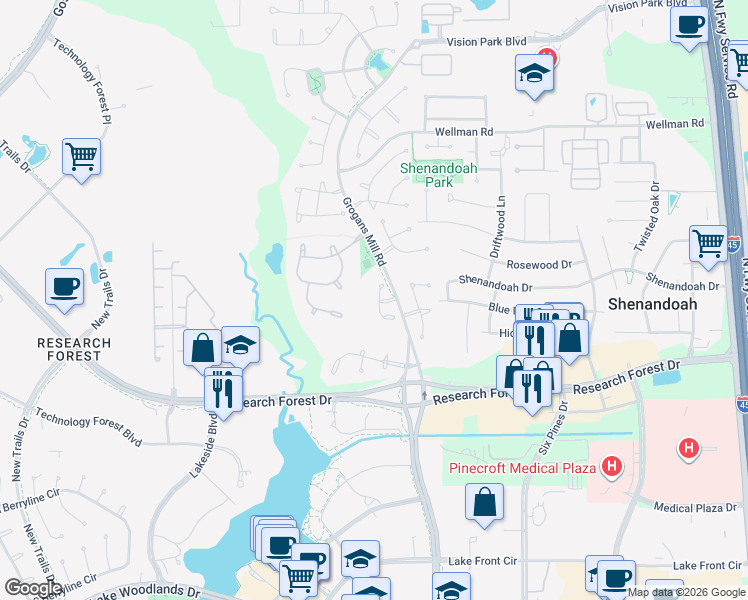 map of restaurants, bars, coffee shops, grocery stores, and more near 51 Cobble Gate Place in Spring