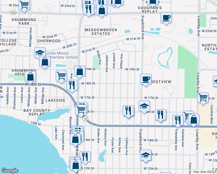 map of restaurants, bars, coffee shops, grocery stores, and more near 1709 Foster Avenue in Panama City