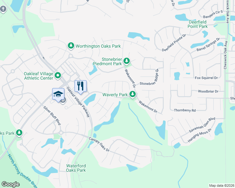 map of restaurants, bars, coffee shops, grocery stores, and more near 640 Longcrest Lane in Orange Park