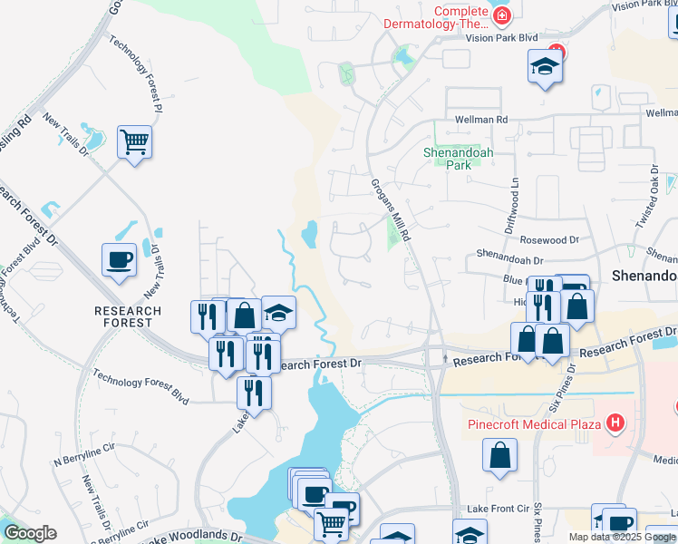 map of restaurants, bars, coffee shops, grocery stores, and more near 42 Pine Brook Court in Spring