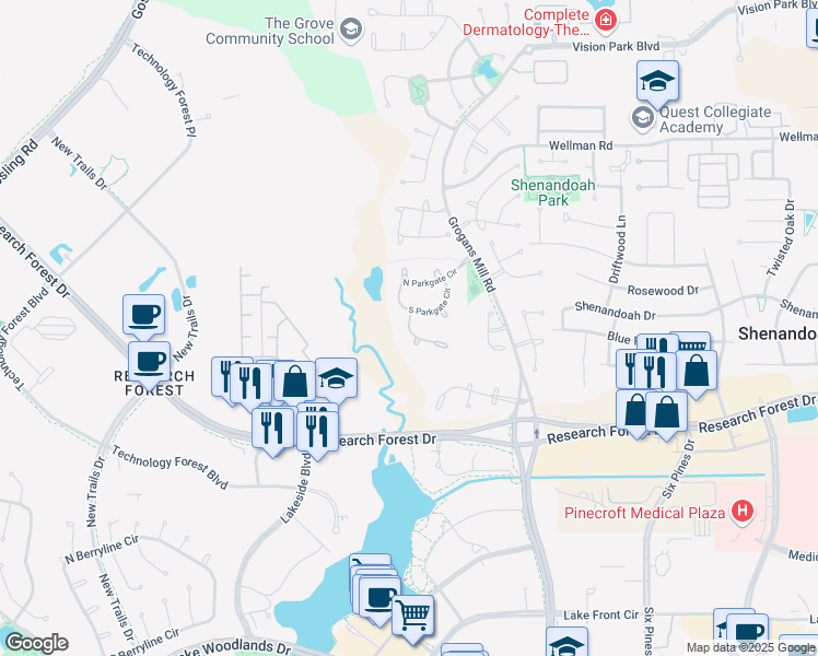 map of restaurants, bars, coffee shops, grocery stores, and more near 42 Pine Brook Court in Spring