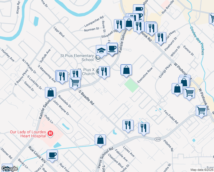 map of restaurants, bars, coffee shops, grocery stores, and more near 113 Greentree Drive in Lafayette