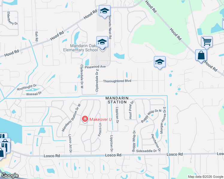map of restaurants, bars, coffee shops, grocery stores, and more near 10776 Lippizan Drive in Jacksonville