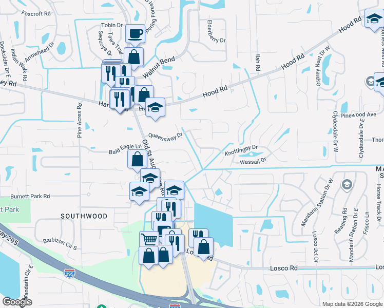 map of restaurants, bars, coffee shops, grocery stores, and more near 4441 Windergate Court in Jacksonville