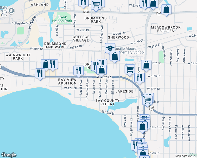 map of restaurants, bars, coffee shops, grocery stores, and more near 1708 Michigan Avenue in Panama City