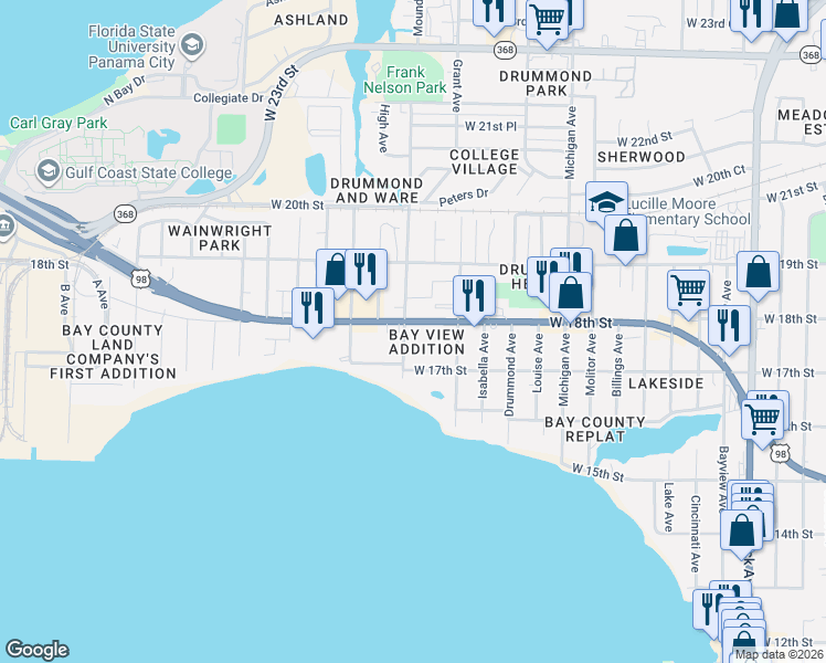 map of restaurants, bars, coffee shops, grocery stores, and more near 1708 Mound Avenue in Panama City