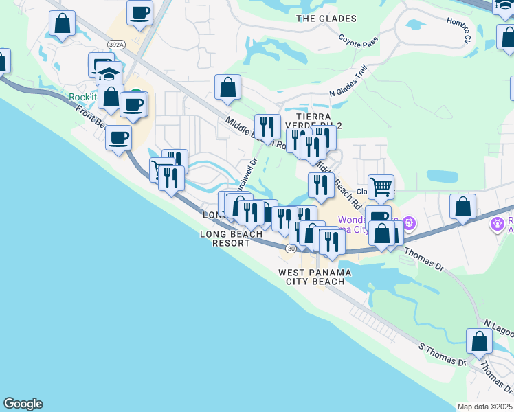 map of restaurants, bars, coffee shops, grocery stores, and more near 5080 Henley Drive in Panama City Beach