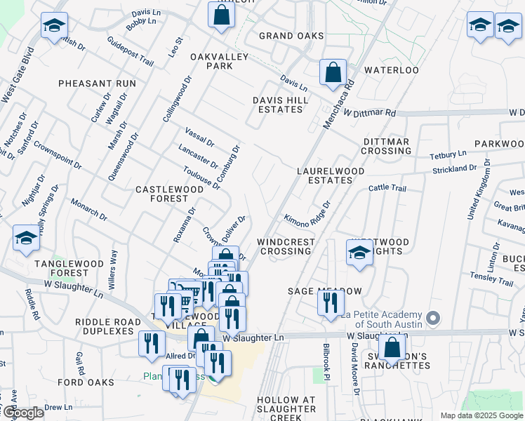 map of restaurants, bars, coffee shops, grocery stores, and more near 9206 Sedgemoor Trail in Austin