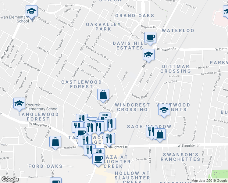 map of restaurants, bars, coffee shops, grocery stores, and more near 9306 Doliver Drive in Austin
