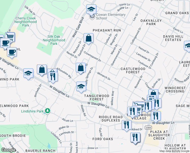 map of restaurants, bars, coffee shops, grocery stores, and more near 9701 Curlew Drive in Austin