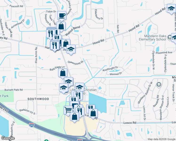 map of restaurants, bars, coffee shops, grocery stores, and more near 4441 Windergate Court in Jacksonville