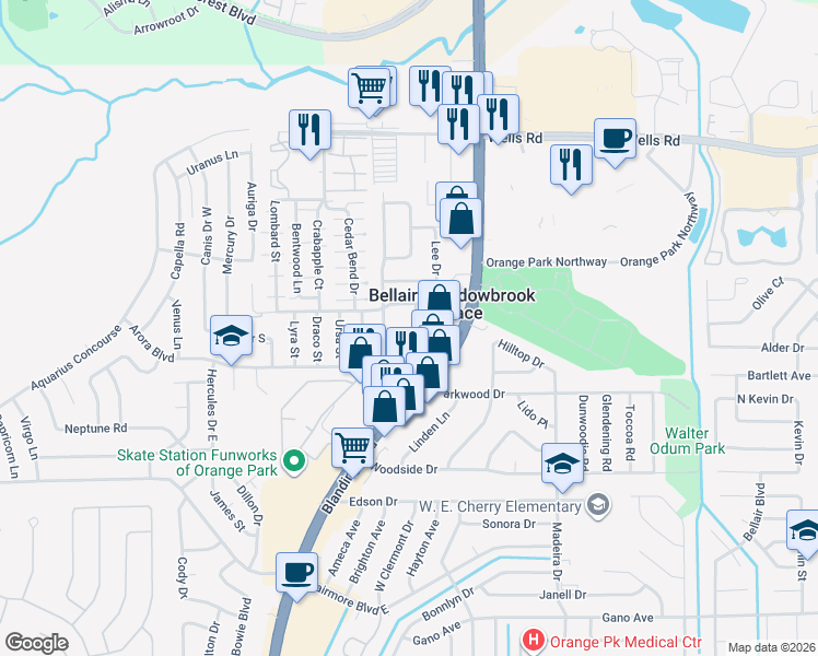 map of restaurants, bars, coffee shops, grocery stores, and more near 140 Noel Court in Orange Park