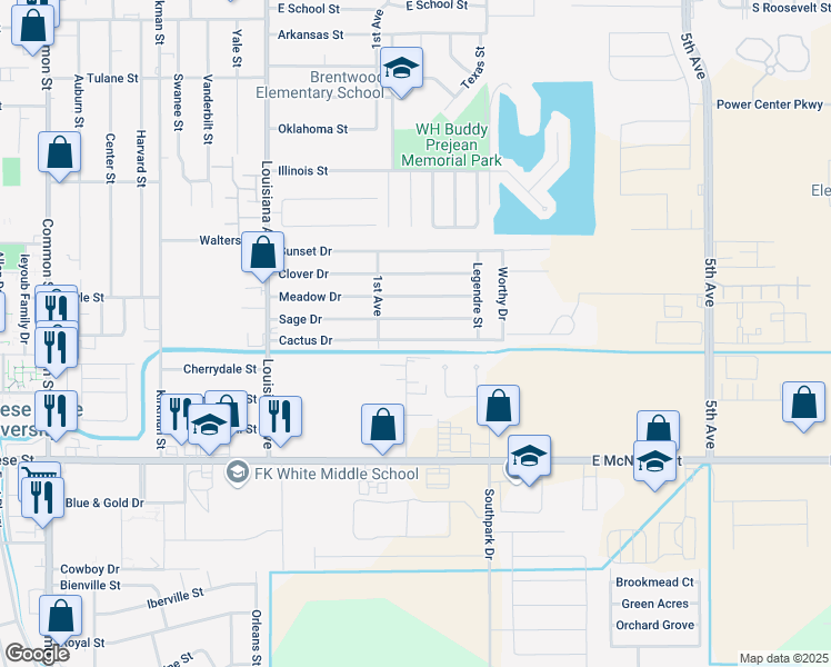 map of restaurants, bars, coffee shops, grocery stores, and more near 1504 Cactus Drive in Lake Charles