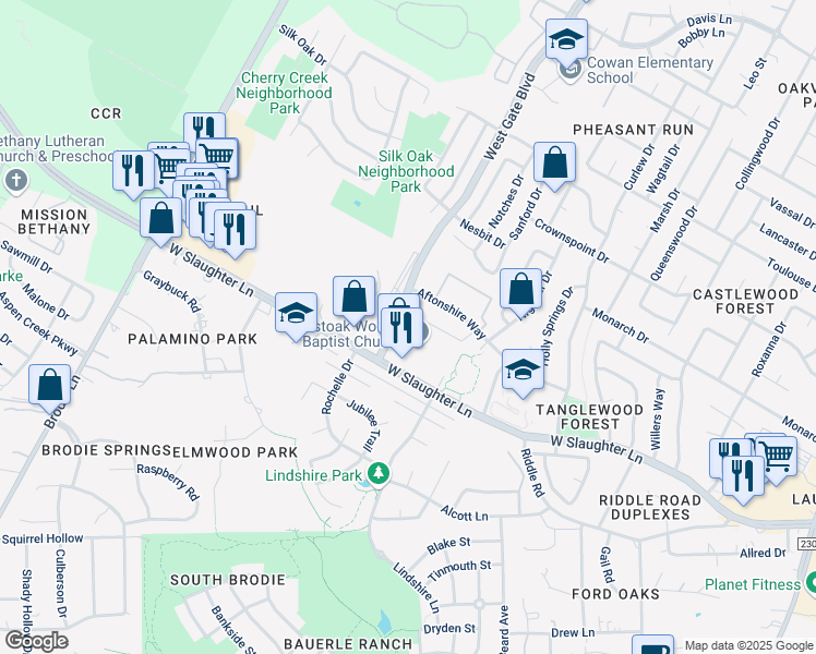 map of restaurants, bars, coffee shops, grocery stores, and more near 2900 West Slaughter Lane in Austin