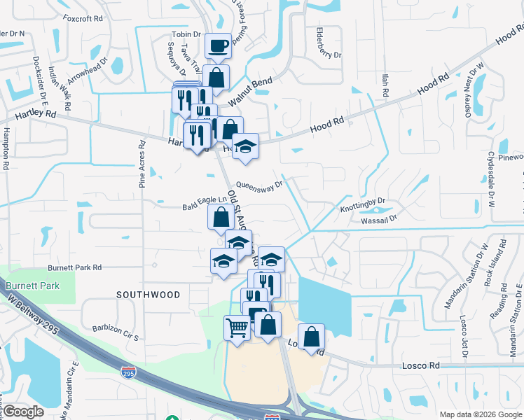 map of restaurants, bars, coffee shops, grocery stores, and more near 4271 Winderpark Court in Jacksonville
