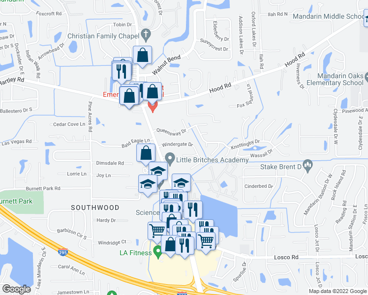 map of restaurants, bars, coffee shops, grocery stores, and more near 4316 Windergate Drive in Jacksonville