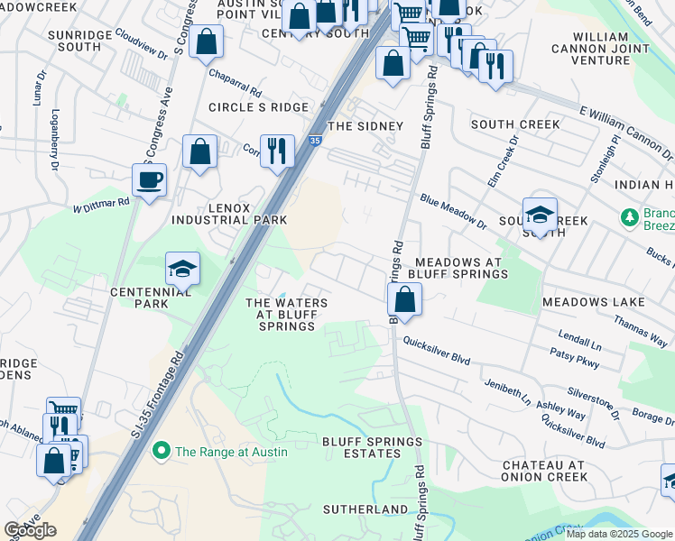 map of restaurants, bars, coffee shops, grocery stores, and more near 7330 Bluff Springs Road in Austin