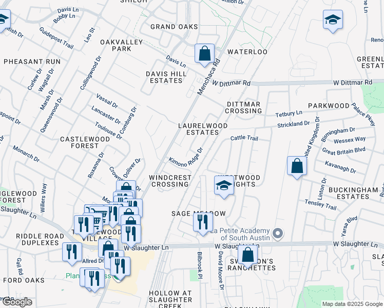 map of restaurants, bars, coffee shops, grocery stores, and more near 9117 Frock Court in Austin